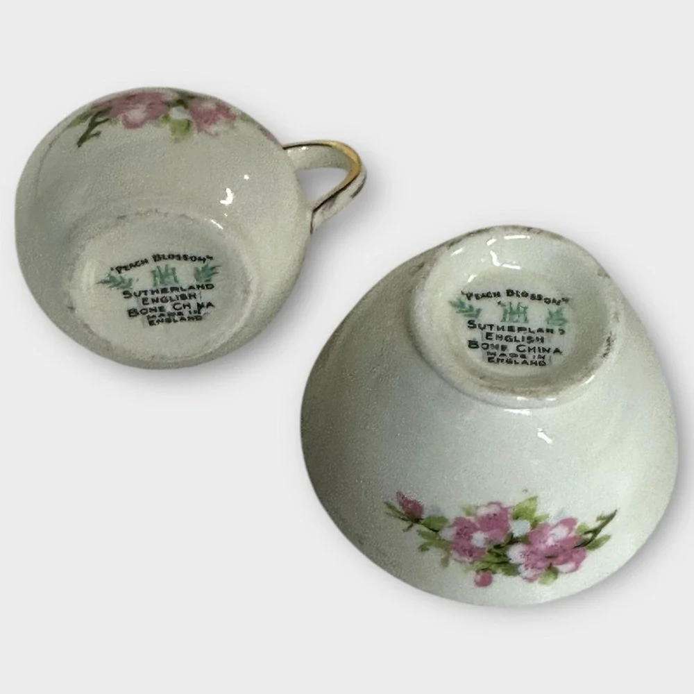 Sutherland English Bone China Creamer Open Sugar Bowl‎ Set PEACH BLOSSOM Vintage